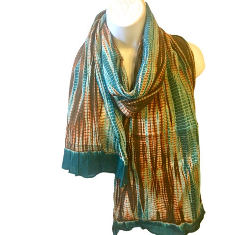 Sevya Handmade Scarf Wrap Organic Cotton Oblong Turquoise White Brown